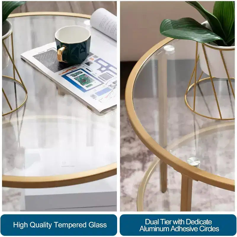 Vingli - Mesas de centro redondas doradas de 65 cm, mesa de centro de cristal de 2 niveles con almacenamiento, mesa auxiliar moderna y sencilla para sala de estar
