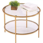 Vingli - Mesas de centro redondas doradas de 65 cm, mesa de centro de cristal de 2 niveles con almacenamiento, mesa auxiliar moderna y sencilla para sala de estar