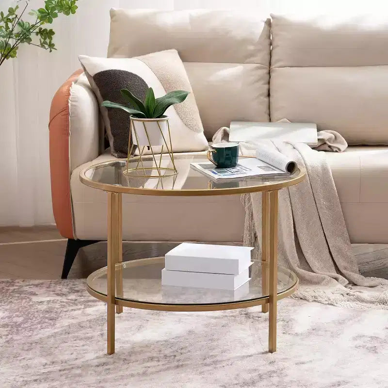 Vingli - Mesas de centro redondas doradas de 65 cm, mesa de centro de cristal de 2 niveles con almacenamiento, mesa auxiliar moderna y sencilla para sala de estar