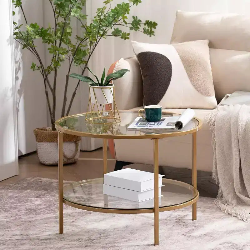 Vingli - Mesas de centro redondas doradas de 65 cm, mesa de centro de cristal de 2 niveles con almacenamiento, mesa auxiliar moderna y sencilla para sala de estar