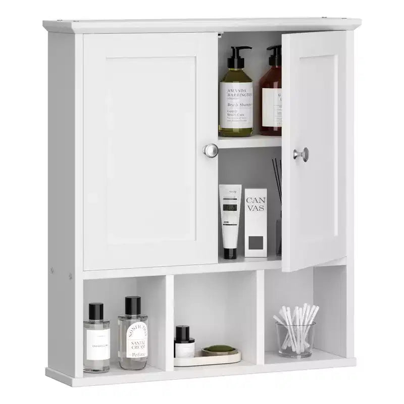 Botiquín de baño de pared con 2 puertas y estante abierto para almacenamiento organizado