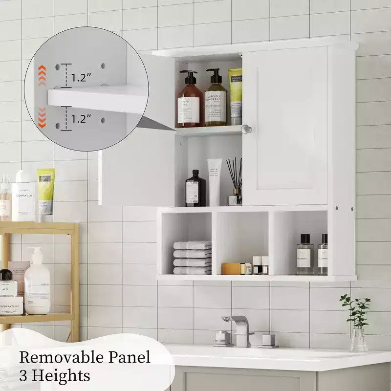 Botiquín de baño de pared con 2 puertas y estante abierto para almacenamiento organizado