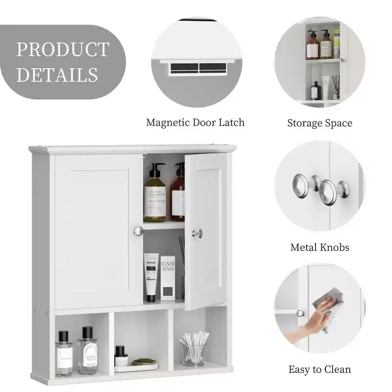 Botiquín de baño de pared con 2 puertas y estante abierto para almacenamiento organizado