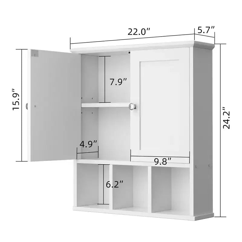 Botiquín de baño de pared con 2 puertas y estante abierto para almacenamiento organizado