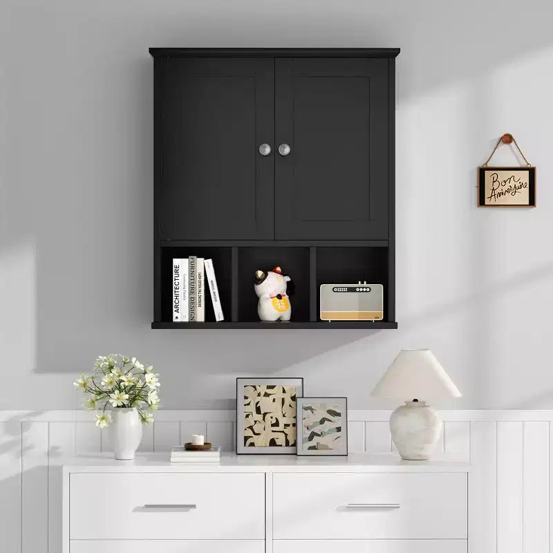 Botiquín de baño de pared con 2 puertas y estante abierto para almacenamiento organizado