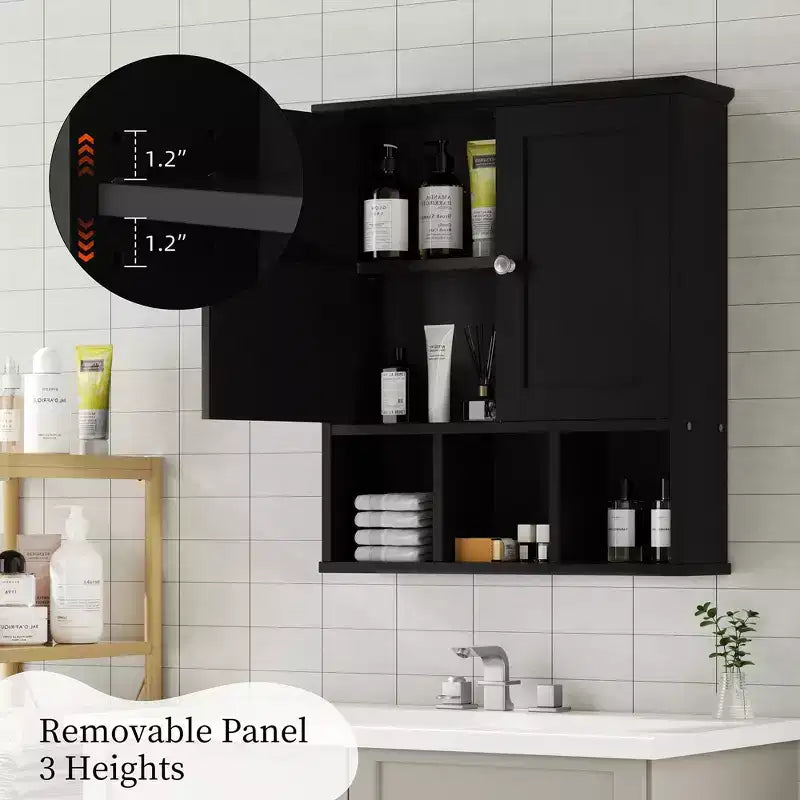 Botiquín de baño de pared con 2 puertas y estante abierto para almacenamiento organizado