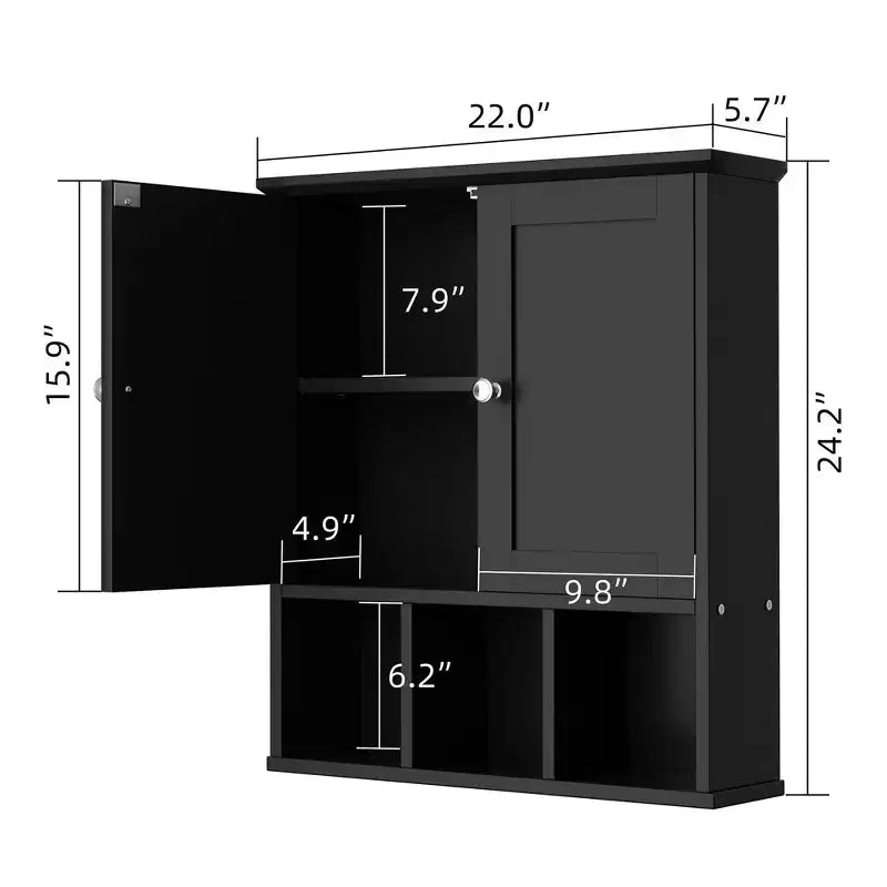 Botiquín de baño de pared con 2 puertas y estante abierto para almacenamiento organizado