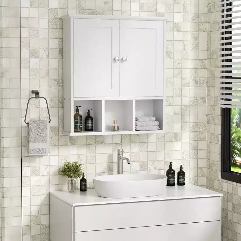 Botiquín de baño de pared con 2 puertas y estante abierto para almacenamiento organizado