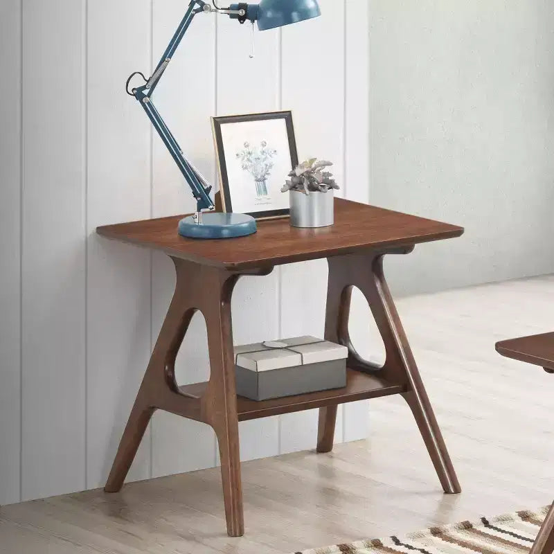 Okak Mid-Century End Table with Rubberwood Legs, Side Table with Bottom Shelf, Narrow Side Table for Small Space, Living Room, Brown