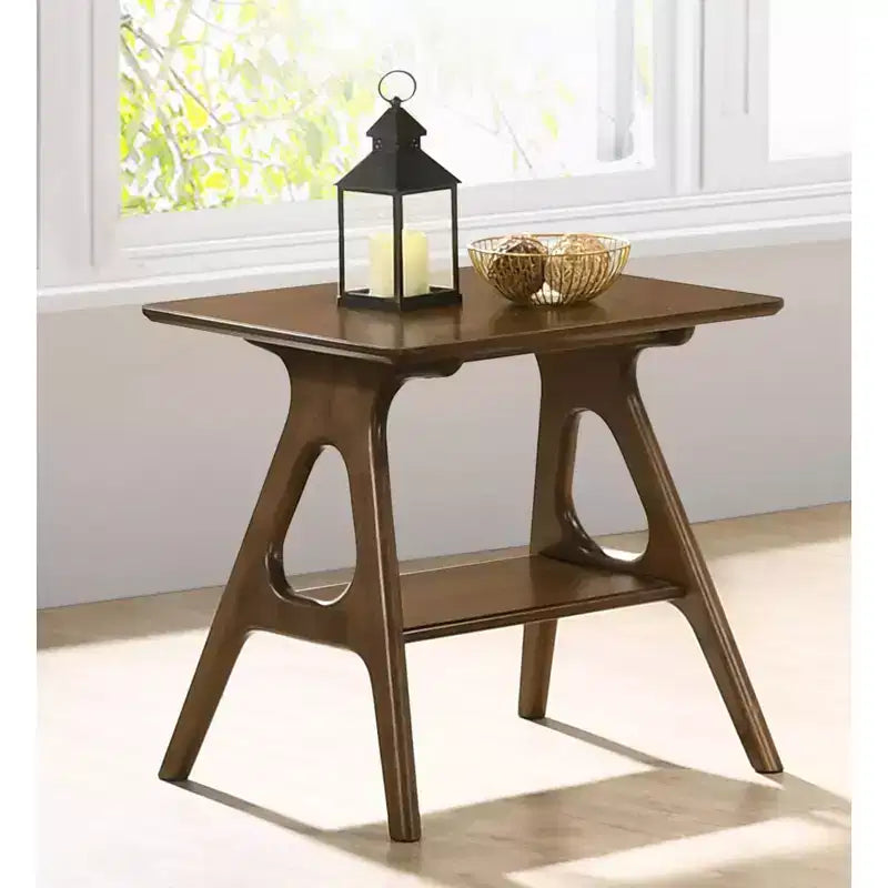 Mesa auxiliar de mediados de siglo con patas de madera de caucho, mesa auxiliar con estante inferior, mesa auxiliar estrecha para espacios pequeños, sala de estar, marrón