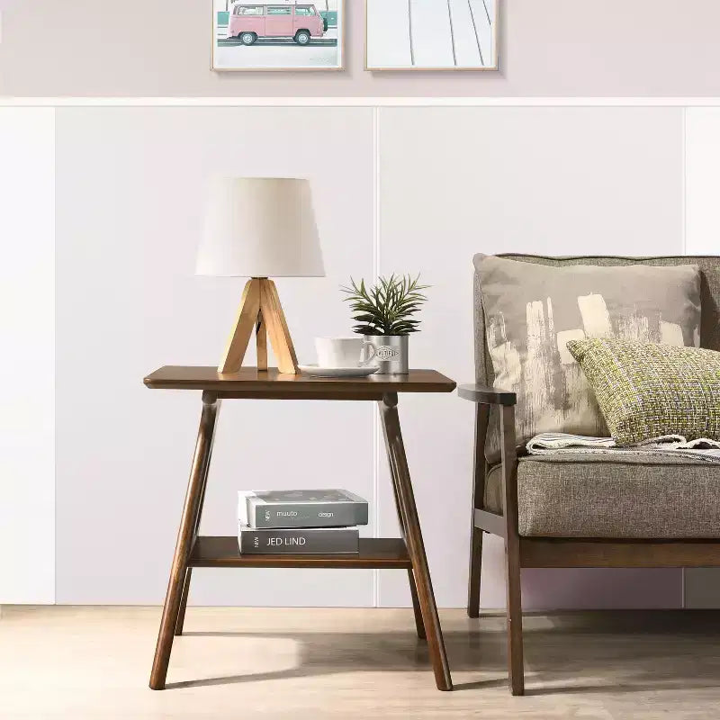 Mesa auxiliar de mediados de siglo con patas de madera de caucho, mesa auxiliar con estante inferior, mesa auxiliar estrecha para espacios pequeños, sala de estar, marrón