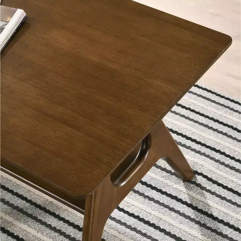 Mesa auxiliar de mediados de siglo con patas de madera de caucho, mesa auxiliar con estante inferior, mesa auxiliar estrecha para espacios pequeños, sala de estar, marrón