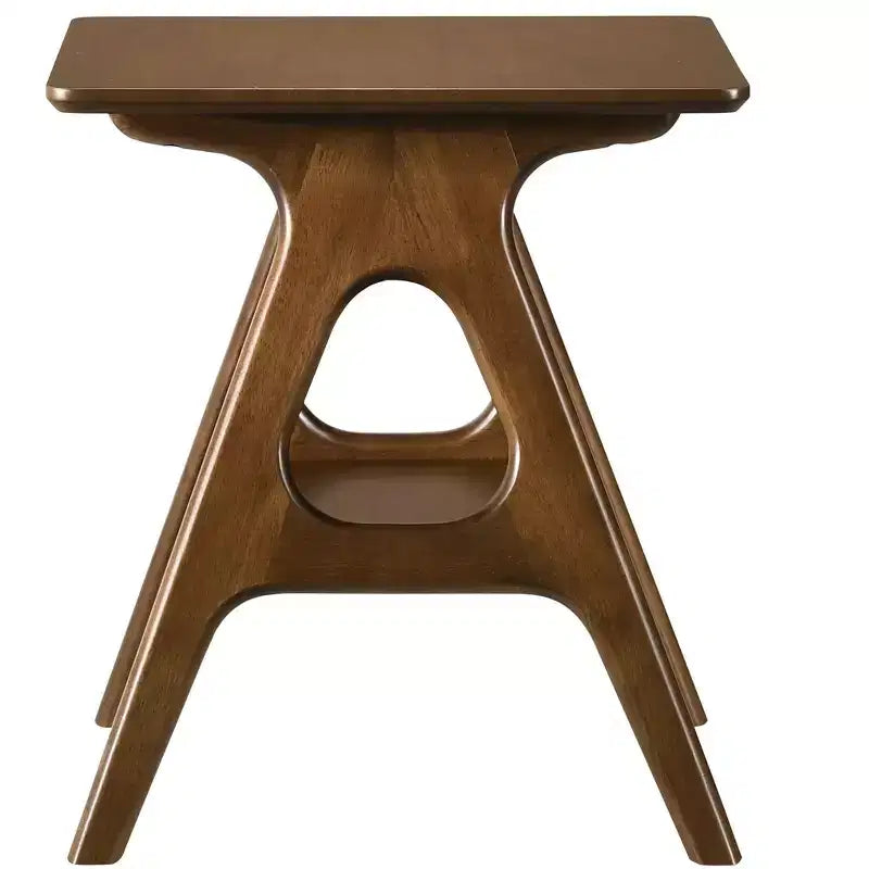 Mesa auxiliar de mediados de siglo con patas de madera de caucho, mesa auxiliar con estante inferior, mesa auxiliar estrecha para espacios pequeños, sala de estar, marrón