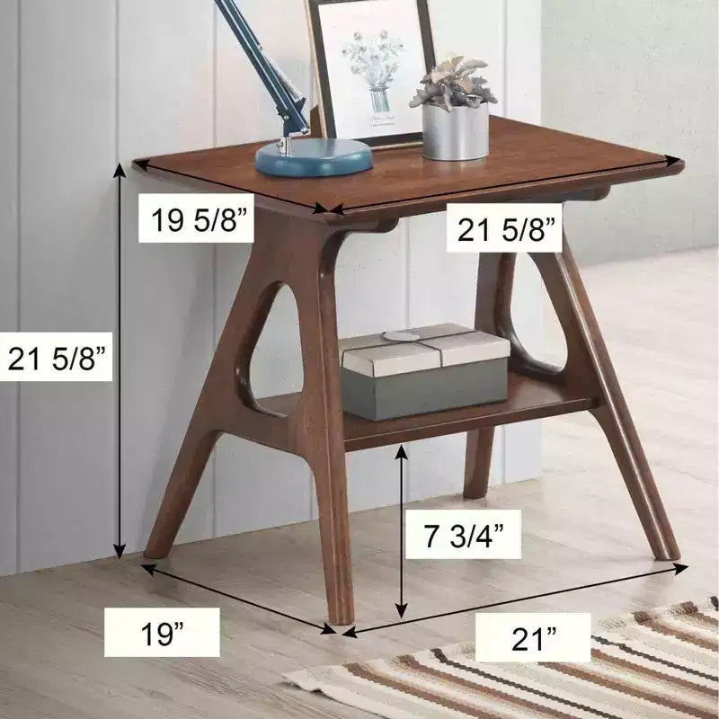Mesa auxiliar de mediados de siglo con patas de madera de caucho, mesa auxiliar con estante inferior, mesa auxiliar estrecha para espacios pequeños, sala de estar, marrón