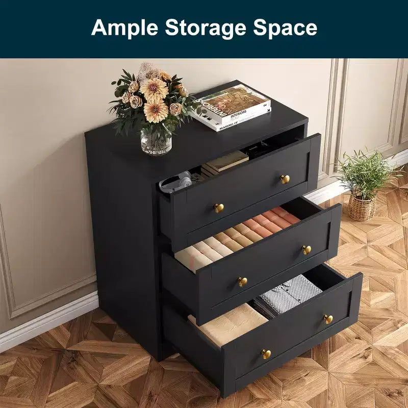 Mesita de Noche con 3 Cajones, Amplia Mesita Auxiliar con Perillas Redondas Doradas, Mesa Auxiliar Moderna de Madera, Cómoda Decorativa para Dormitorio