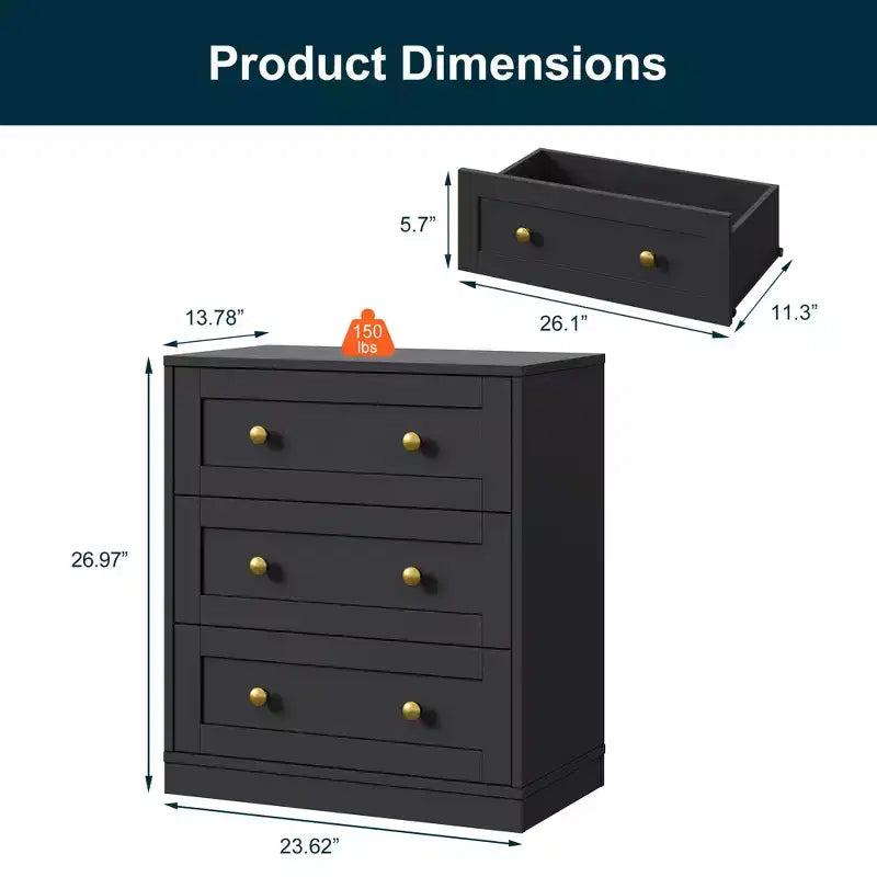 Mesita de Noche con 3 Cajones, Amplia Mesita Auxiliar con Perillas Redondas Doradas, Mesa Auxiliar Moderna de Madera, Cómoda Decorativa para Dormitorio