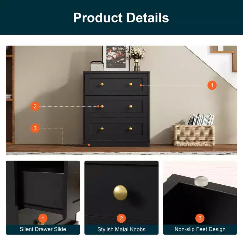 Mesita de Noche con 3 Cajones, Amplia Mesita Auxiliar con Perillas Redondas Doradas, Mesa Auxiliar Moderna de Madera, Cómoda Decorativa para Dormitorio