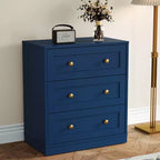Mesita de Noche con 3 Cajones, Amplia Mesita Auxiliar con Perillas Redondas Doradas, Mesa Auxiliar Moderna de Madera, Cómoda Decorativa para Dormitorio