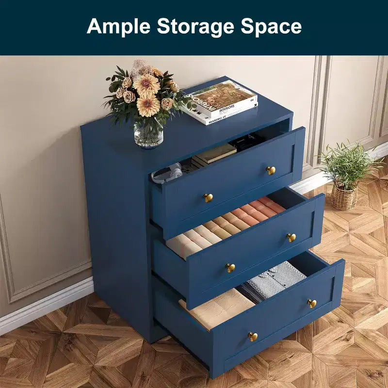 Mesita de Noche con 3 Cajones, Amplia Mesita Auxiliar con Perillas Redondas Doradas, Mesa Auxiliar Moderna de Madera, Cómoda Decorativa para Dormitorio