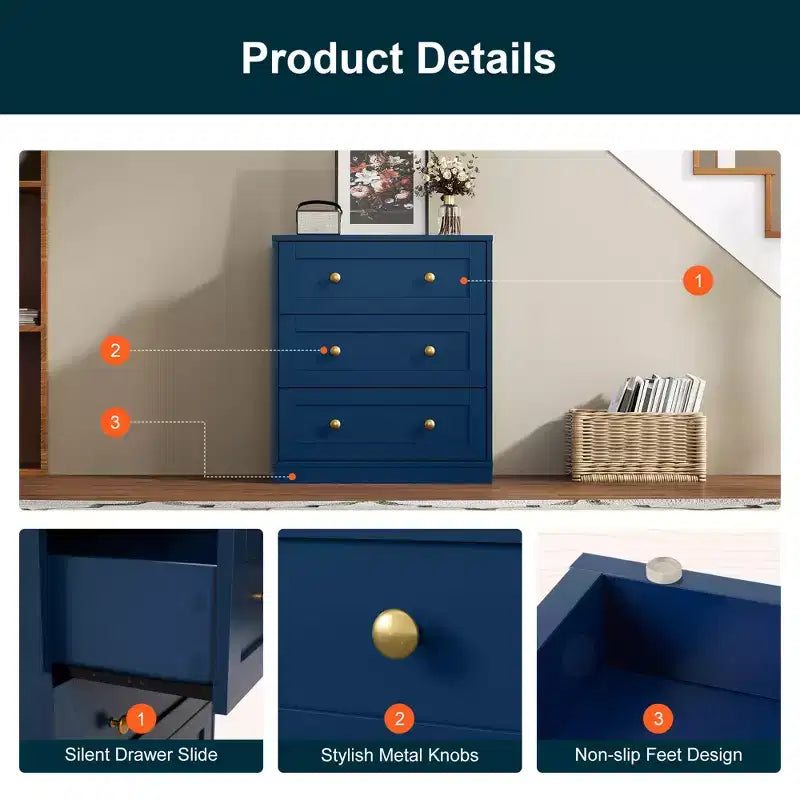 Mesita de Noche con 3 Cajones, Amplia Mesita Auxiliar con Perillas Redondas Doradas, Mesa Auxiliar Moderna de Madera, Cómoda Decorativa para Dormitorio