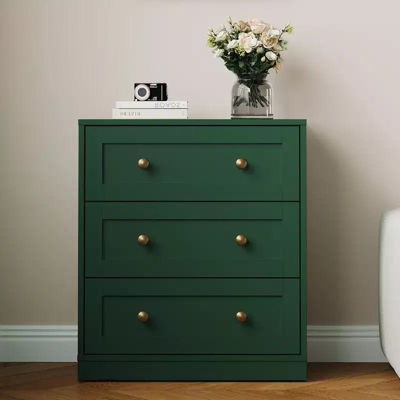 Mesita de Noche con 3 Cajones, Amplia Mesita Auxiliar con Perillas Redondas Doradas, Mesa Auxiliar Moderna de Madera, Cómoda Decorativa para Dormitorio