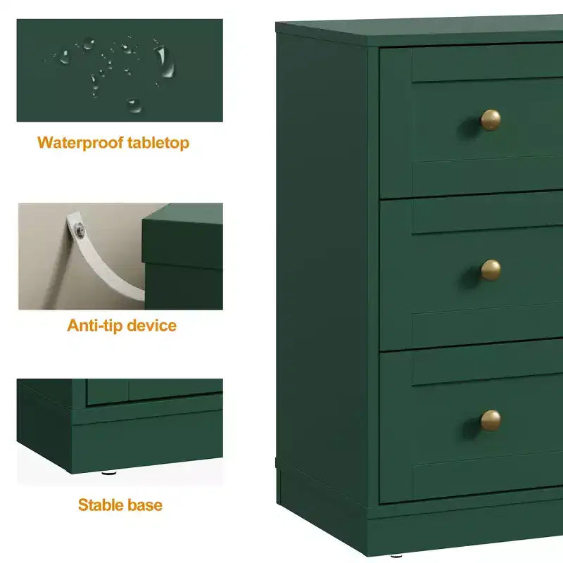 Mesita de Noche con 3 Cajones, Amplia Mesita Auxiliar con Perillas Redondas Doradas, Mesa Auxiliar Moderna de Madera, Cómoda Decorativa para Dormitorio