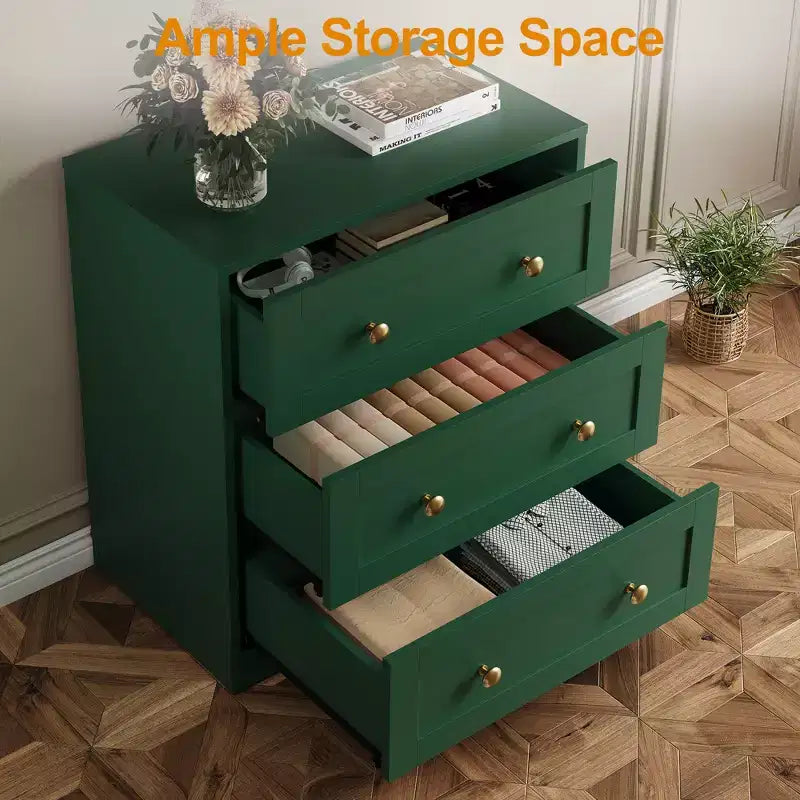 Mesita de Noche con 3 Cajones, Amplia Mesita Auxiliar con Perillas Redondas Doradas, Mesa Auxiliar Moderna de Madera, Cómoda Decorativa para Dormitorio