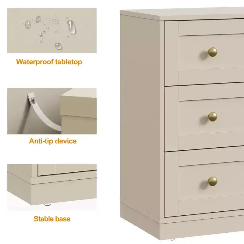 Mesita de Noche con 3 Cajones, Amplia Mesita Auxiliar con Perillas Redondas Doradas, Mesa Auxiliar Moderna de Madera, Cómoda Decorativa para Dormitorio