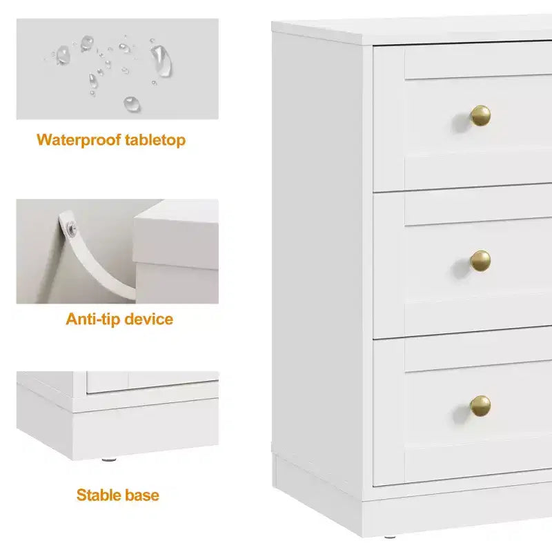 Mesita de Noche con 3 Cajones, Amplia Mesita Auxiliar con Perillas Redondas Doradas, Mesa Auxiliar Moderna de Madera, Cómoda Decorativa para Dormitorio