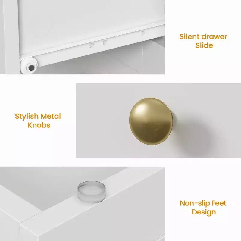 Mesita de Noche con 3 Cajones, Amplia Mesita Auxiliar con Perillas Redondas Doradas, Mesa Auxiliar Moderna de Madera, Cómoda Decorativa para Dormitorio
