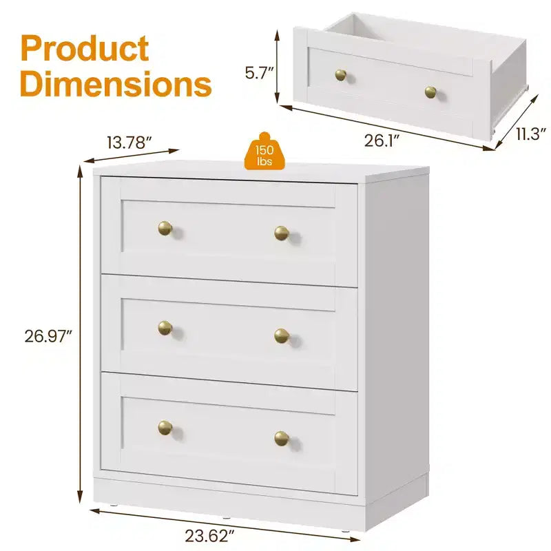 Mesita de Noche con 3 Cajones, Amplia Mesita Auxiliar con Perillas Redondas Doradas, Mesa Auxiliar Moderna de Madera, Cómoda Decorativa para Dormitorio