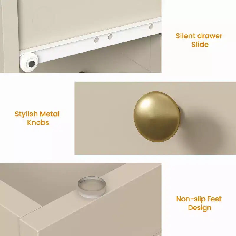 Mesita de Noche con 3 Cajones, Amplia Mesita Auxiliar con Perillas Redondas Doradas, Mesa Auxiliar Moderna de Madera, Cómoda Decorativa para Dormitorio