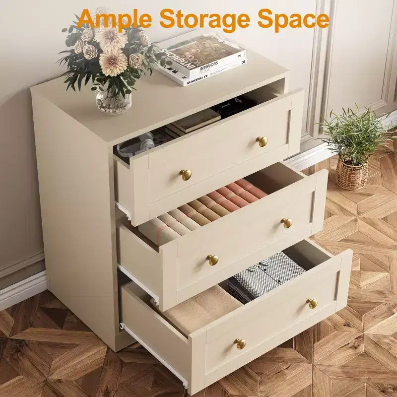 Mesita de Noche con 3 Cajones, Amplia Mesita Auxiliar con Perillas Redondas Doradas, Mesa Auxiliar Moderna de Madera, Cómoda Decorativa para Dormitorio
