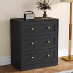 Mesita de Noche con 3 Cajones, Amplia Mesita Auxiliar con Perillas Redondas Doradas, Mesa Auxiliar Moderna de Madera, Cómoda Decorativa para Dormitorio