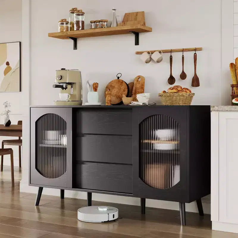 Aparador con puertas corredizas y cajones de vidrio acanalado, para cocina, comedor, sala de estar