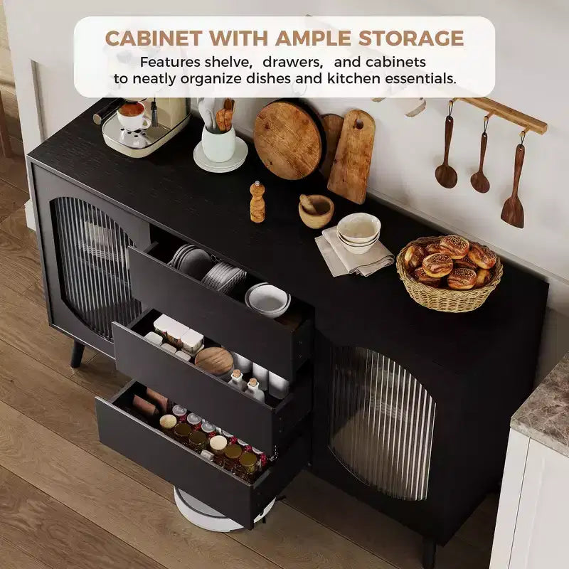 Aparador con puertas corredizas y cajones de vidrio acanalado, para cocina, comedor, sala de estar