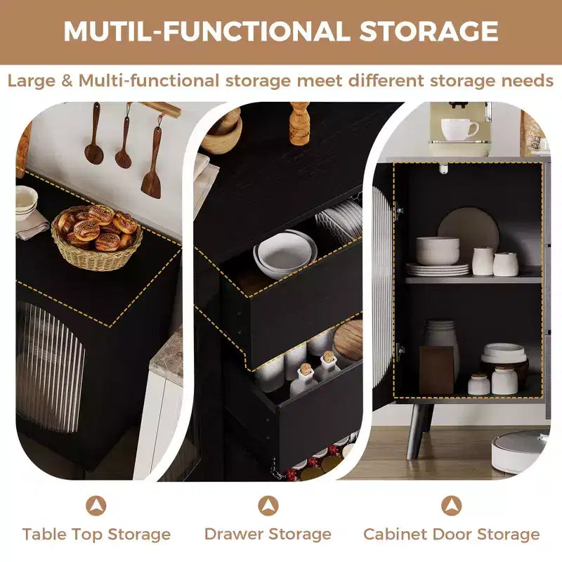 Aparador con puertas corredizas y cajones de vidrio acanalado, para cocina, comedor, sala de estar
