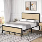 Platform Bed Frame with Rattan Headboard & Footboard,Boho, Heavy Duty Metal Slat Support, No Box Spring Needed, 1000LB Capacity