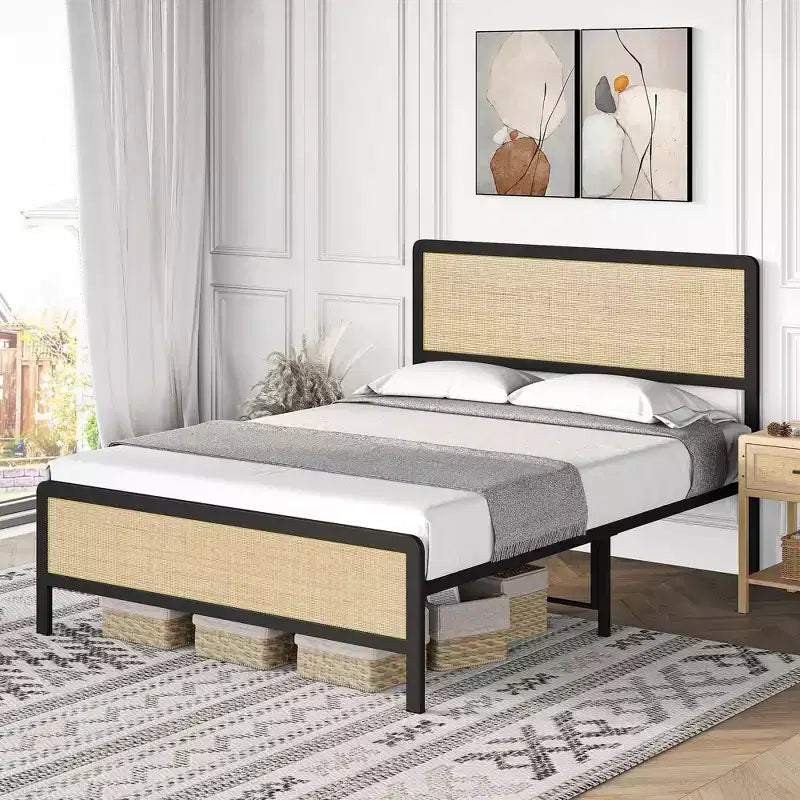 Platform Bed Frame with Rattan Headboard & Footboard,Boho, Heavy Duty Metal Slat Support, No Box Spring Needed, 1000LB Capacity