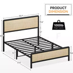 Base de cama de plataforma con cabecero y piecero de ratán, estilo bohemio, soporte de listones de metal resistente, no necesita somier, capacidad de 1000 libras