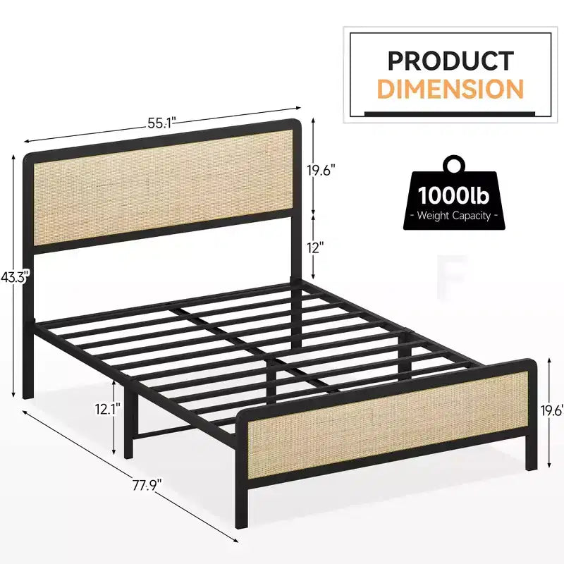 Base de cama de plataforma con cabecero y piecero de ratán, estilo bohemio, soporte de listones de metal resistente, no necesita somier, capacidad de 1000 libras