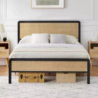 Base de cama de plataforma con cabecero y piecero de ratán, estilo bohemio, soporte de listones de metal resistente, no necesita somier, capacidad de 1000 libras