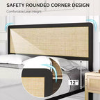 Base de cama de plataforma con cabecero y piecero de ratán, estilo bohemio, soporte de listones de metal resistente, no necesita somier, capacidad de 1000 libras
