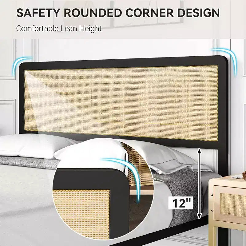 Base de cama de plataforma con cabecero y piecero de ratán, estilo bohemio, soporte de listones de metal resistente, no necesita somier, capacidad de 1000 libras