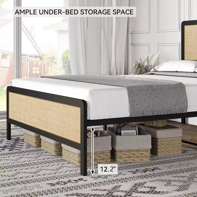 Base de cama de plataforma con cabecero y piecero de ratán, estilo bohemio, soporte de listones de metal resistente, no necesita somier, capacidad de 1000 libras