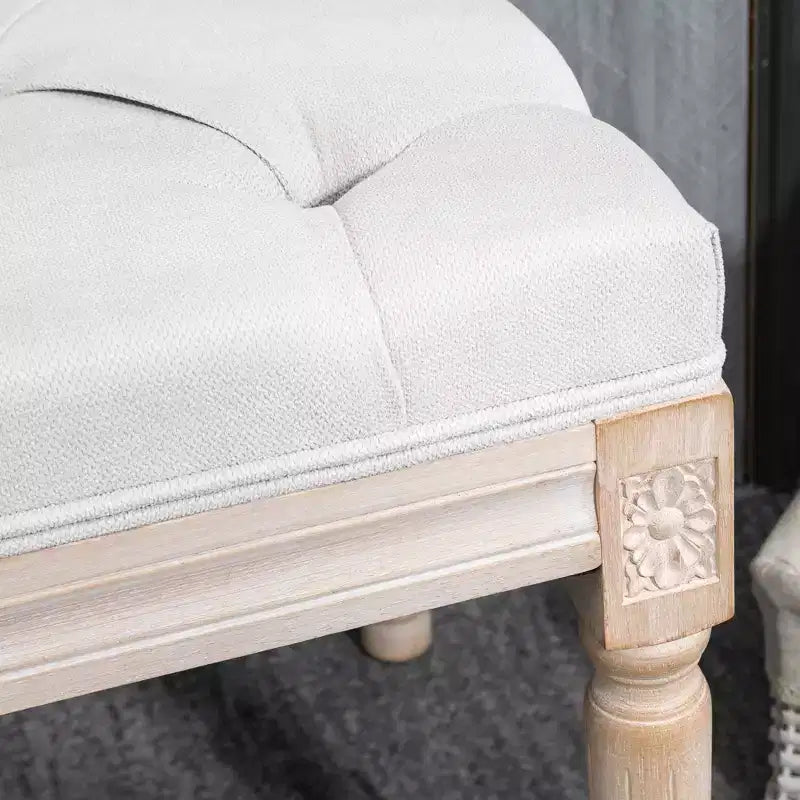 Banco de dormitorio tapizado en lino de 32 pulgadas, banco francés para pie de cama con cojín grueso acolchado y patas de madera