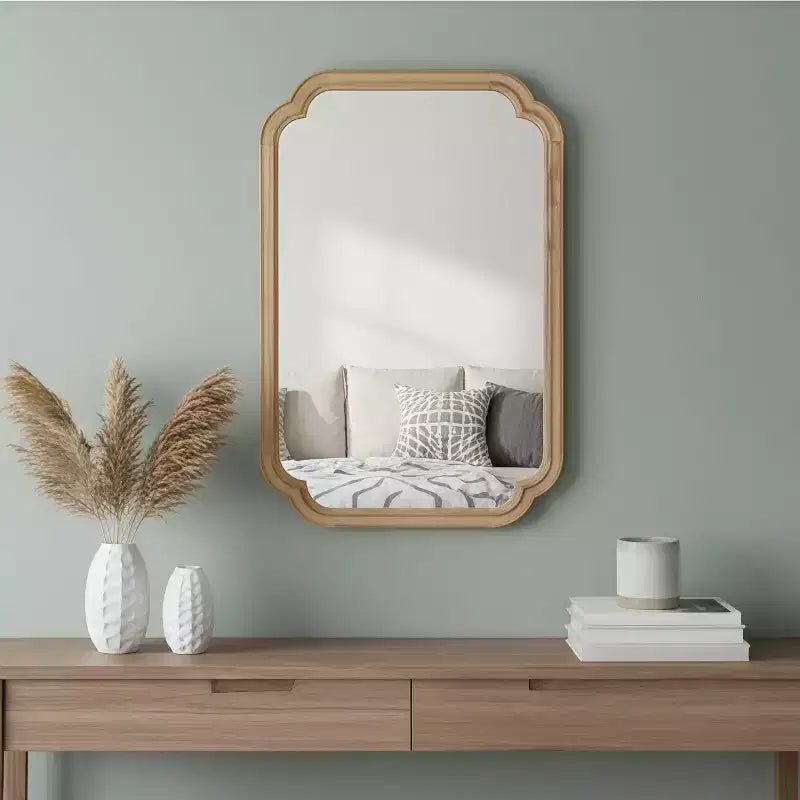 PexFix 24 x 36 Rounded Corner Solid Wood Frame Decorative Mirror Modern Farmhouse Wall Mirror For Bedroom Bathroom Living Room Entryway Natural