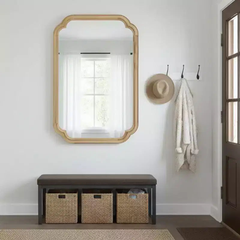 Espejo decorativo con marco de madera maciza de 24 x 36 con esquinas redondeadas, espejo de pared moderno estilo rústico para dormitorio, baño, sala de estar o recibidor, natural