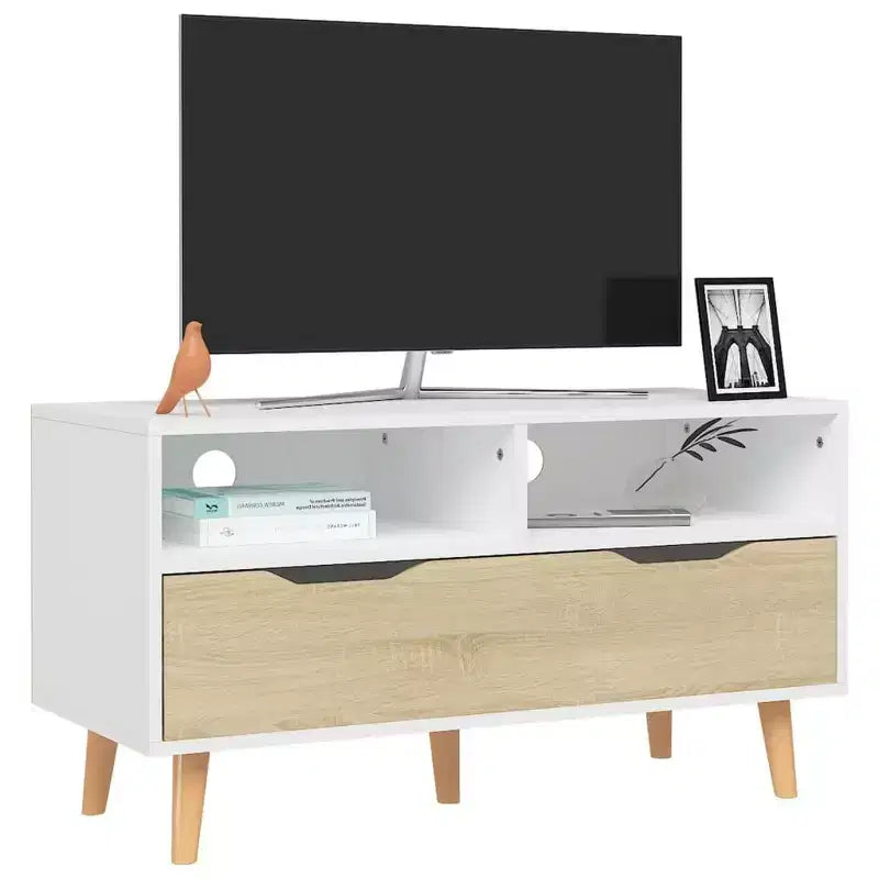 Mueble para TV, blanco y roble sonoma, madera de ingeniería, mueble para TV mediano