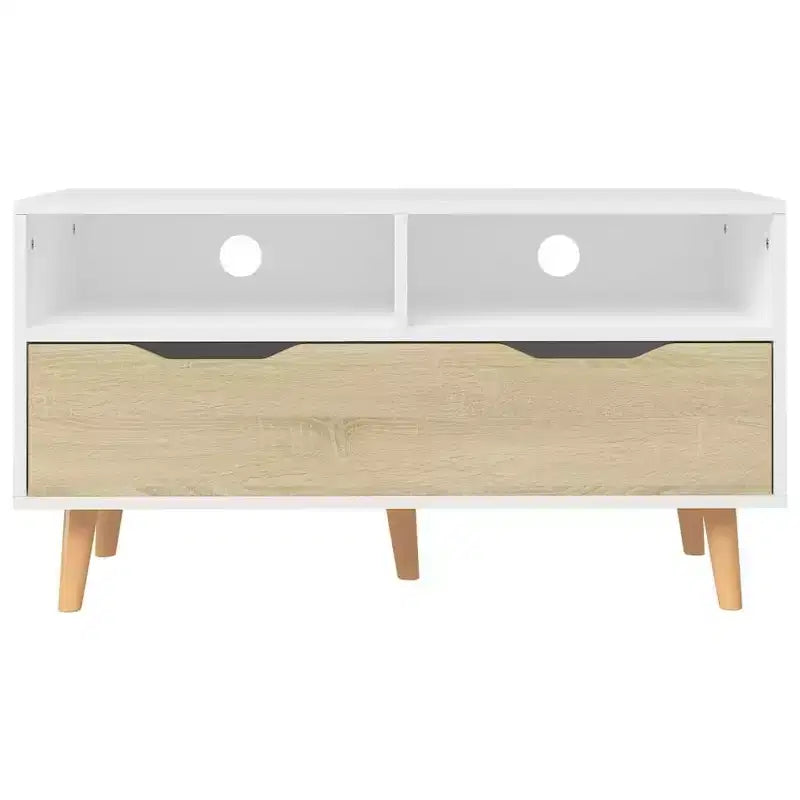 Mueble para TV, blanco y roble sonoma, madera de ingeniería, mueble para TV mediano